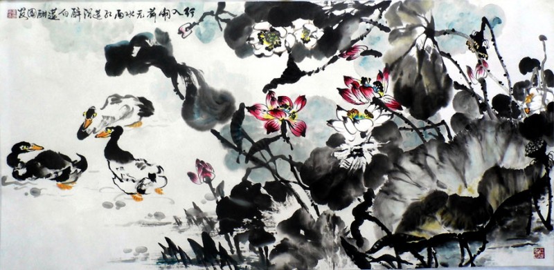 崔国安作品 行入闹荷无水面红莲沉醉白莲酣八180<em></em>x87
