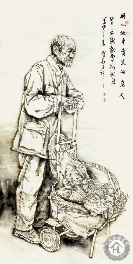 姜耀南作品 拖小车卖菜的老人-2013--138-67cm