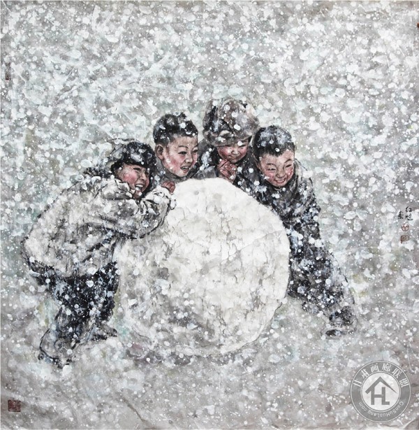 艾红旭作品 戏雪图-120<em></em>x120cm