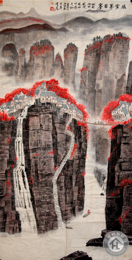 邹建源张家界山水系列作品 张家界苗寨(69cm×137cm)