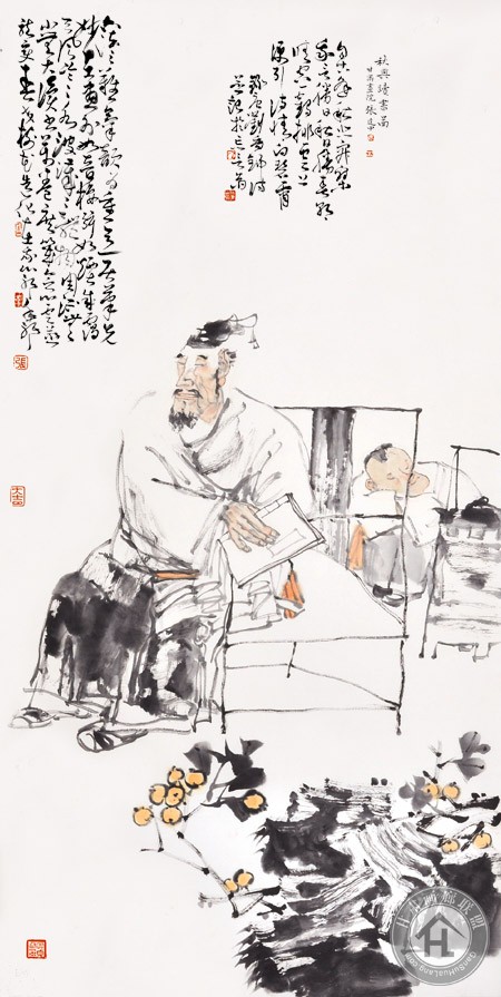 张建中作品 秋兴读书图136x68cm