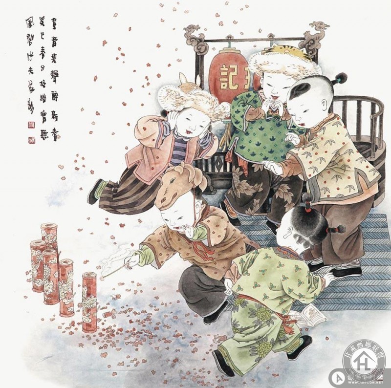 王家训工笔作品 童音笑声醉新春