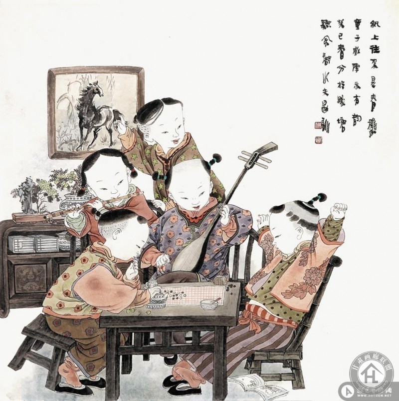 王家训工笔作品 纸上往来是春秋 童子戏阵亦
