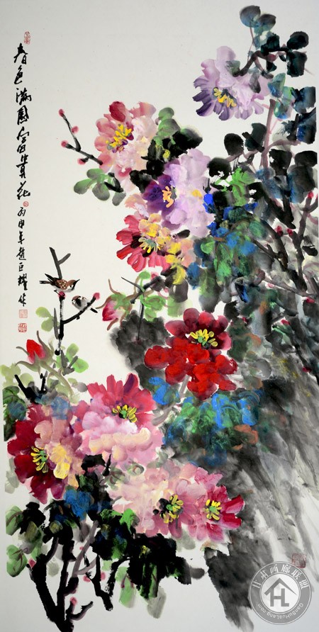 赵巨耀作品《春色满园富贵花》68cm×136cm