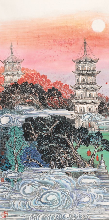 双塔晨晖 68cm x 136cm 2017年 王立国