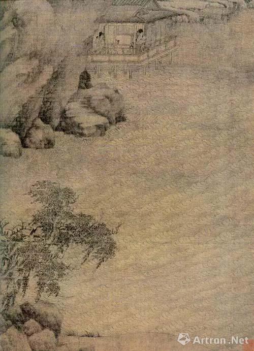 亭后山势陡峭,巨石嶙峋,往左上延伸。亭左一瀑布注入溪水。蜿蜒山径将前景引至远方雾气弥漫的河谷,雁阵掠空。